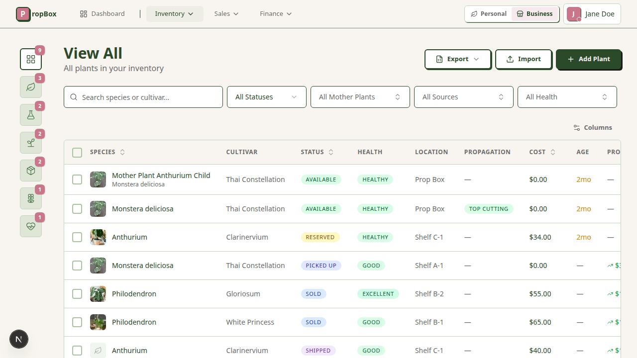 PropBox inventory table showing plants with species, cultivar, status, and cost