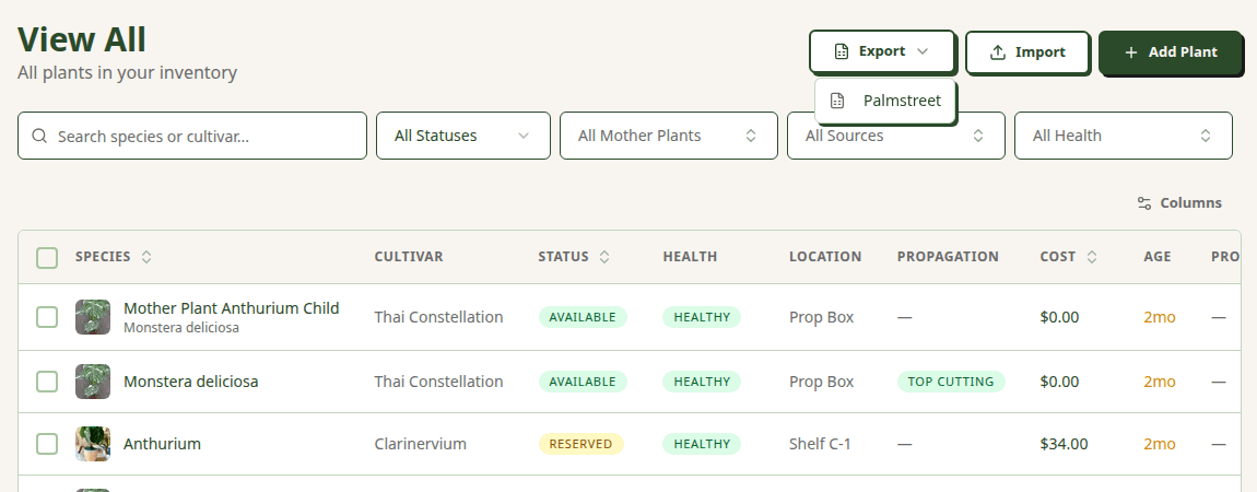 PropBox Export dropdown menu open with the Palmstreet option selected